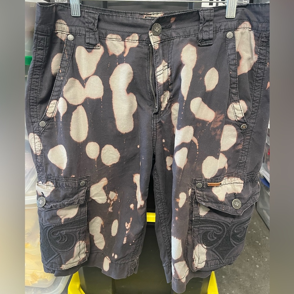 Affliction Black and Gray Bleach-out Cargo Shorts